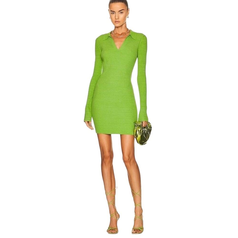NWT Helmut Lang Marl Long Sleeve Ribbed Green Mini Dress in Lawn SMALL